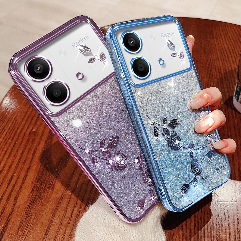 适用小米14闪粉渐变手机壳红米note13C电镀水钻K70永生花12软套A3