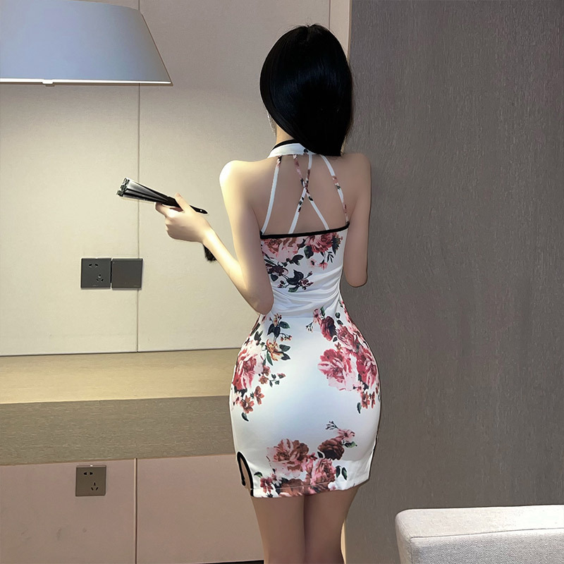 国潮复古印花包臀旗袍裙镂空网红主播夜店性感连衣裙高开叉旗袍女