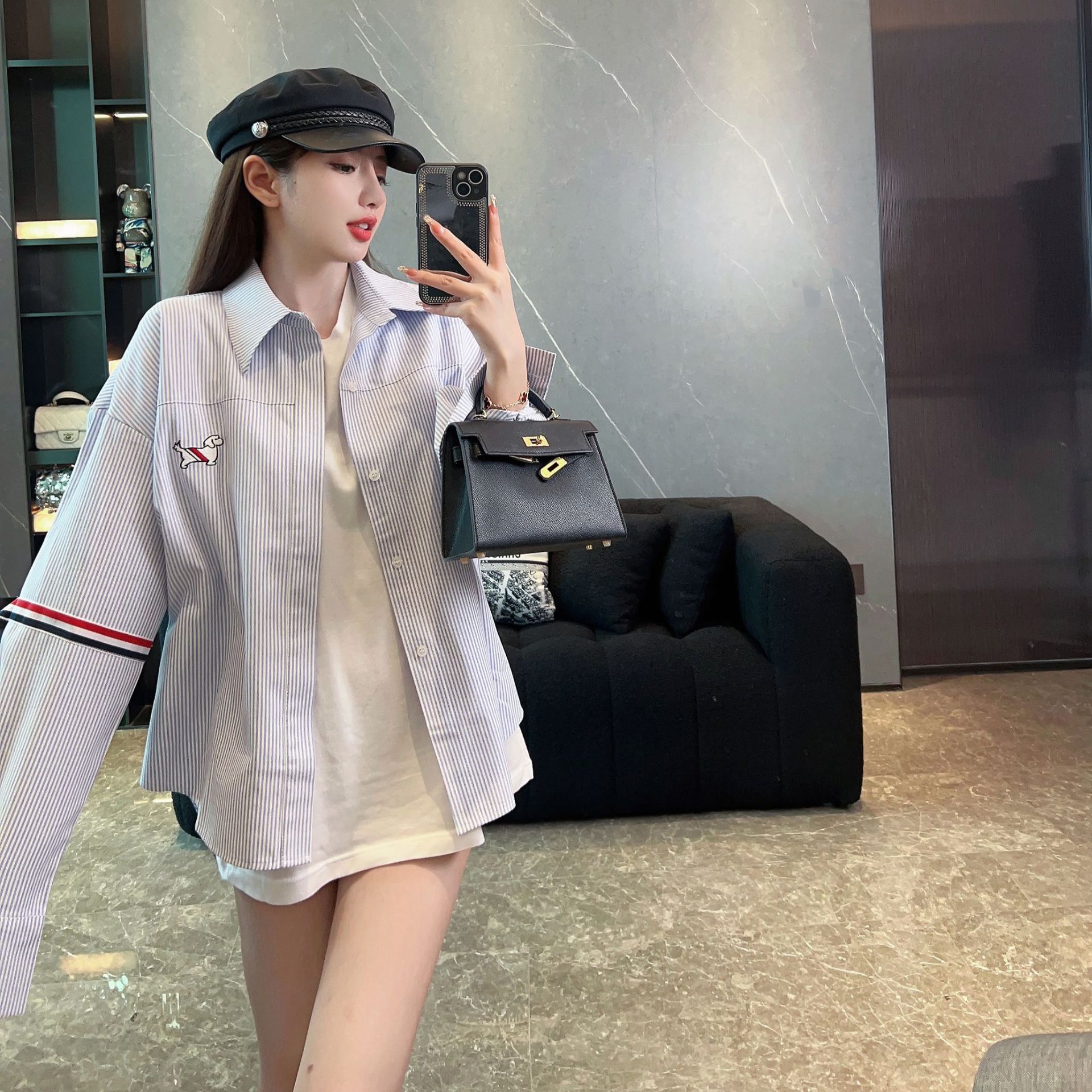 tb学院风后背纽扣小狗织带衬衫女休闲宽松时尚百搭小众外套上衣潮