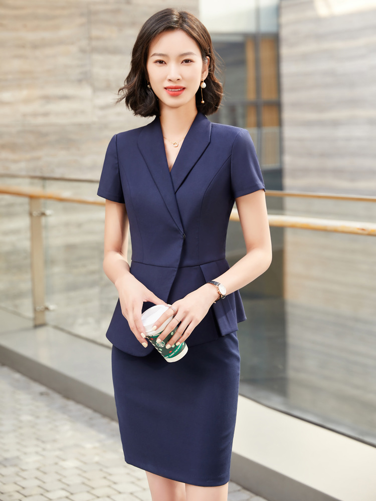 酒店大堂经理领班工作服女夏季薄款职业装短袖正装蓝色西服套裙