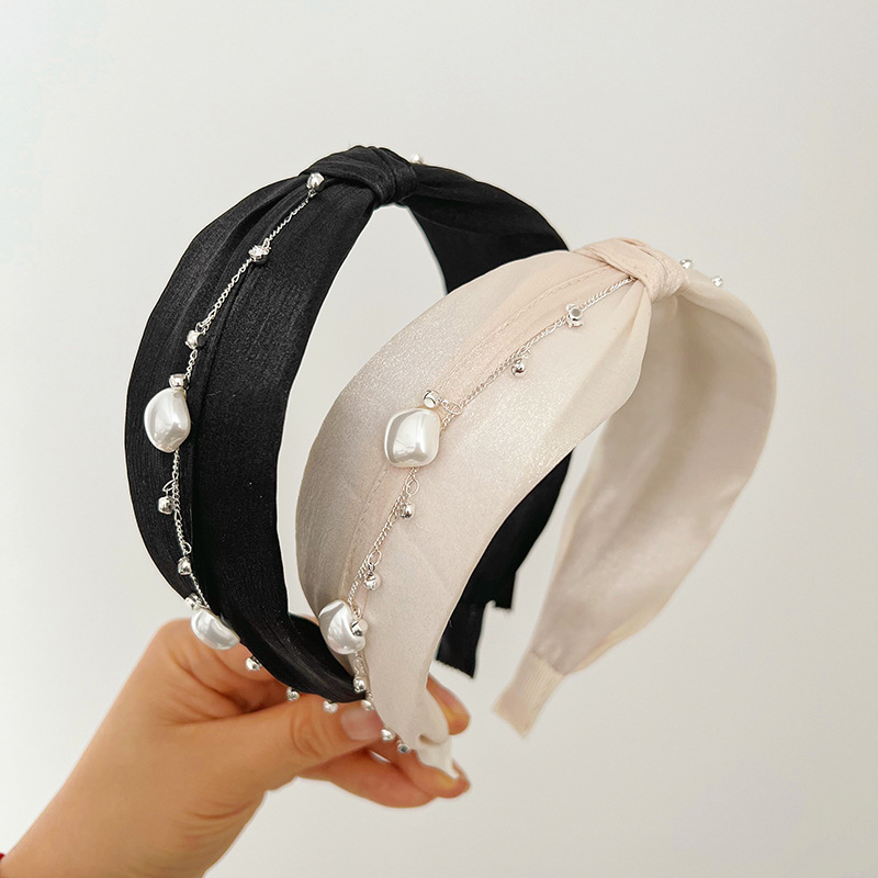 Hair Band Korean Bright Silk Pearl Knotted Hairband Simple Sweet Beautiful Headband Internet Celebrity Lady Joker Hair Accessories R606