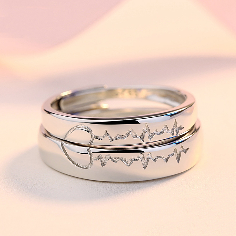 抖音直播同款925纯银情侣戒指心电图ins日韩风简约心跳情人节礼物