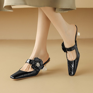 优雅女鞋夏季新款鞋子方头粗跟高跟鞋包头后空花朵穆勒鞋凉拖鞋女