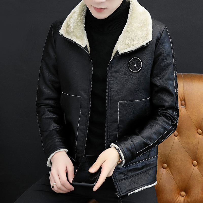 Men's Leather Coat Autumn New Pu Youth Stand Collar Jacket Casual Jacket Fur Integrated Men's Thickened plus Suede