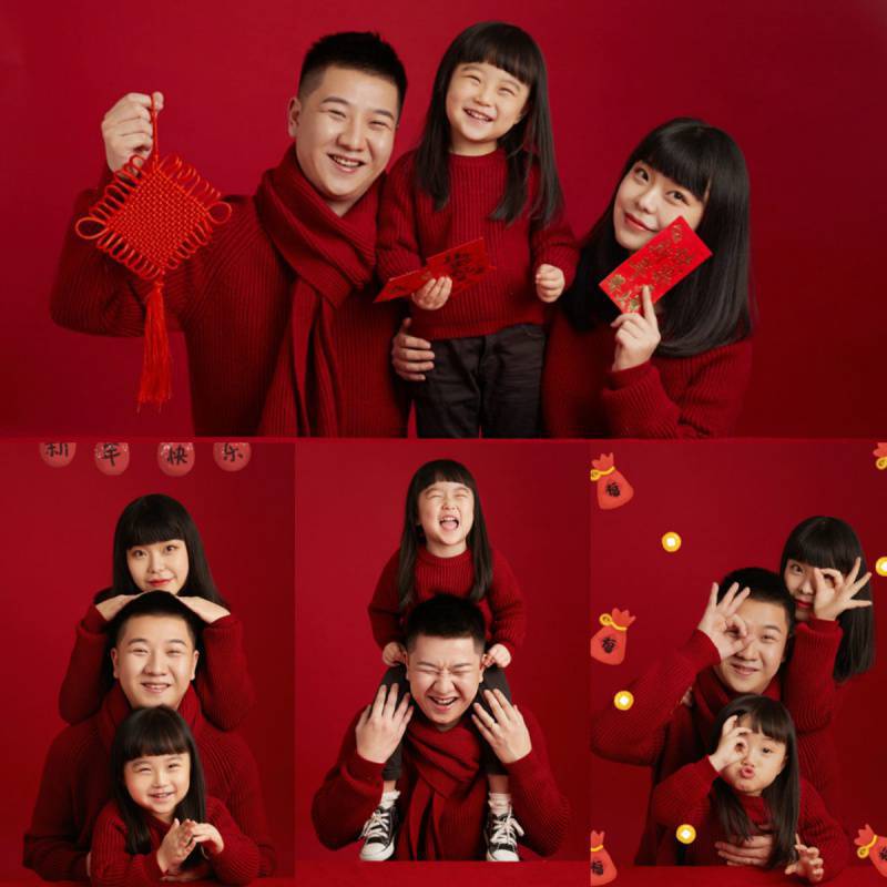 2022年新款红色毛衣亲子装全家福影楼拍照喜庆摄影服装肖像服饰