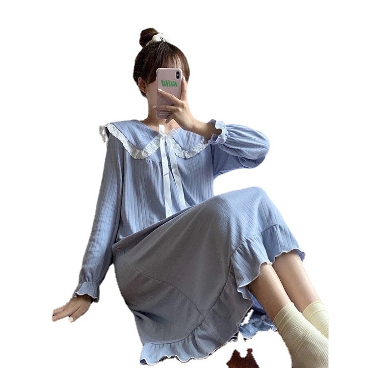 Long Sleeve Nightdress for Women over the Knee Ins Style Pajamas for Women Spring and Autumn Fairy Court Doll Collar Princess Style Home Wear for Women