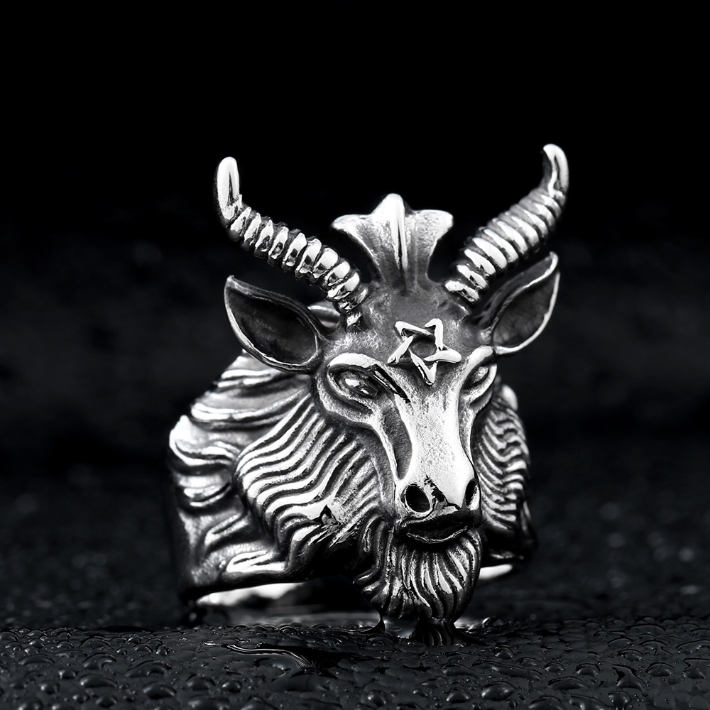 钢铁战士复古饰品批发 霸气个性男士钛钢戒指 撒旦五芒星公羊指环