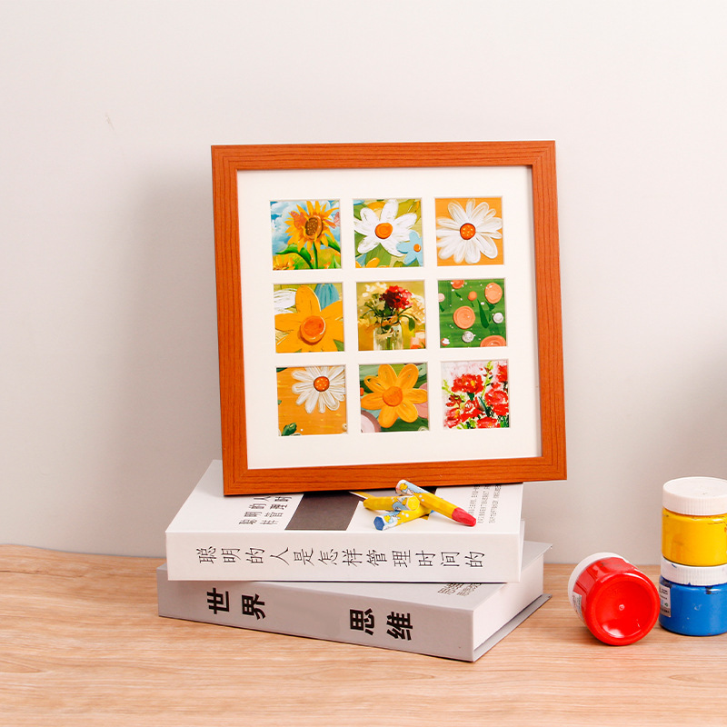 Jiugongge Four-Grid Crayon Photo Frame Square Imitation Solid Wood Photo Frame Creative Oil Painting Diy Photo Frame