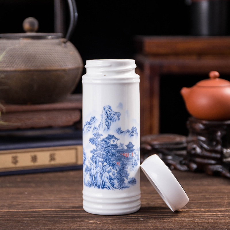 Jingdezhen Double-Layer Ceramic Thermos Cup Liner Portable Blue and White Porcelain Cup with Lid Office Water Cup Gift Cup Wholesale