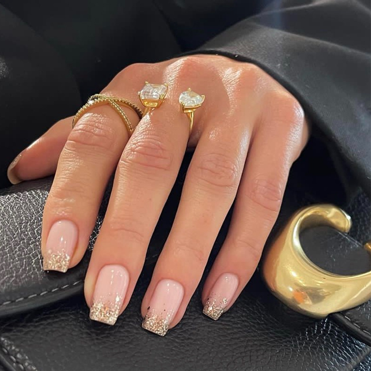 跨境欧美长方形穿戴甲法式金色闪粉轻奢假指甲可拆卸美甲甲片批发