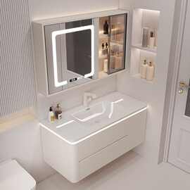奶油风陶瓷一体盆浴室柜实木洗手盆柜组合简约智能洗脸盆洗手台柜