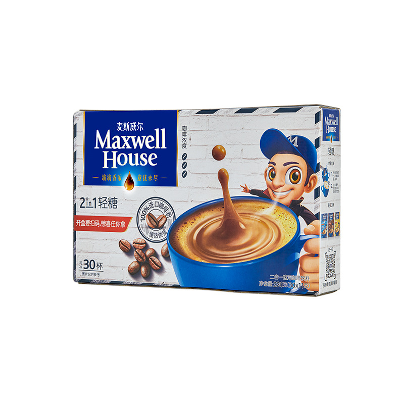 麦斯威尔咖啡 二合一速溶无蔗糖咖啡无蔗糖添加粉条装30条盒装