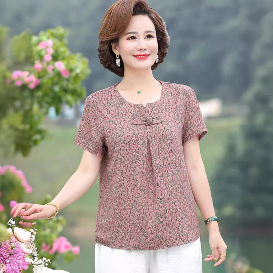 中老年人夏装短袖t恤套装2024新款妈妈夏季上衣50岁奶奶两件套装