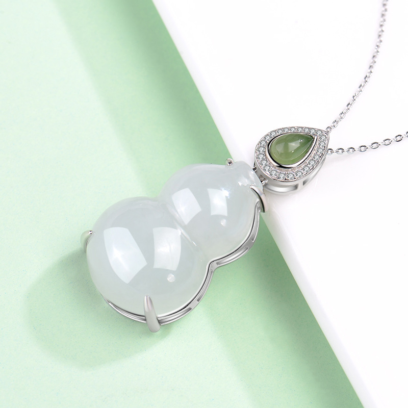 s925银镶翡翠葫芦吊坠女玉葫芦项链福禄双全玉坠挂件玉石生日礼物