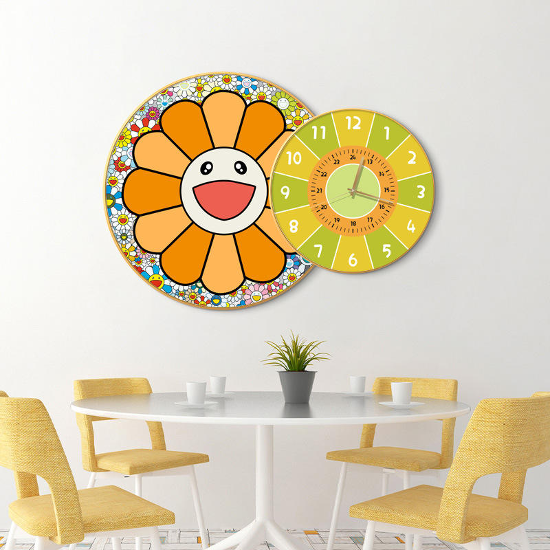 现代简约餐厅装饰画太阳花圆形带钟表挂画卡通创意儿童房组合壁画