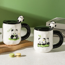高颜值可爱熊猫陶瓷杯女生马克杯带盖勺情侣家用大容量喝水咖啡杯