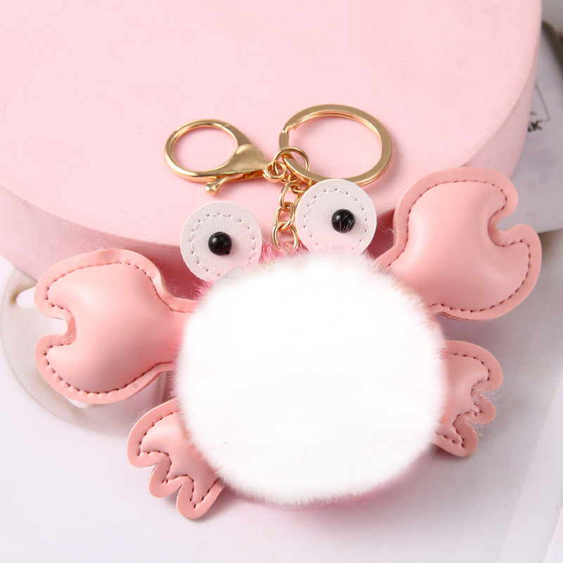 New Eco-friendly PU Leather Cartoon Crab Fur Ball Keychain Crab Shape Women's Bag Bag Charm Factory Direct Sales