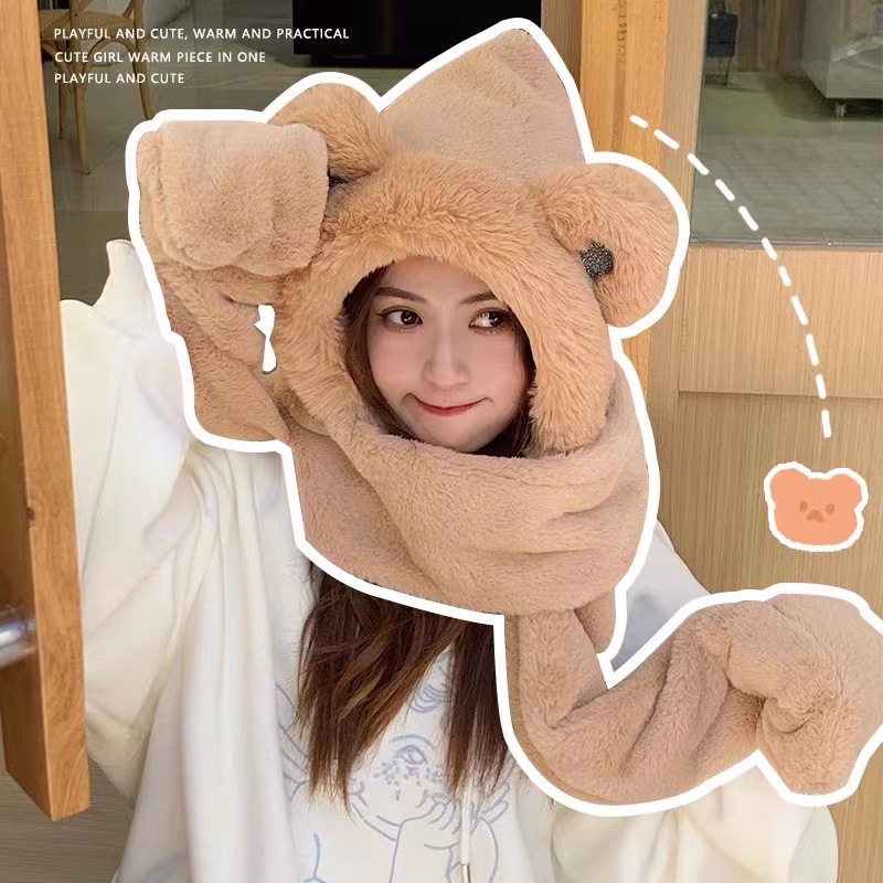 Bear Hat Korean Style Cute Women's All-Match Autumn and Winter Scarf All-in-One Warm Keeping Gloves Scarf Three-Piece Suit Fashion