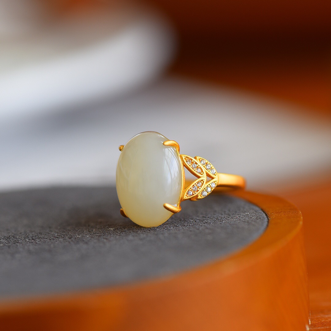 s925银手工镶嵌和田玉白玉银戒指个性圆形蛋面气质女士玉石指环