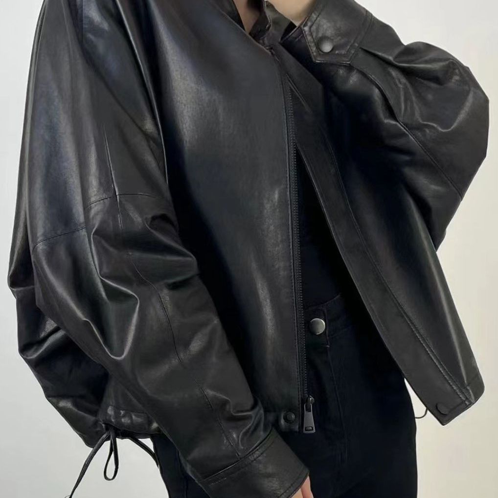 2024秋新款短款海宁蝙蝠袖廓形真皮皮衣女休闲绵羊皮夹克高端外套