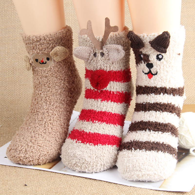 圣诞袜子儿童珊瑚绒宝宝袜子秋冬天加厚男童女童毛毛袜睡眠地板袜