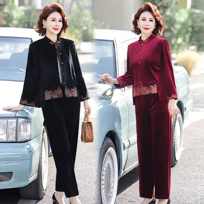 妈妈春装金丝绒套装洋气中老年人唐装上衣两件套中年女春秋装外套