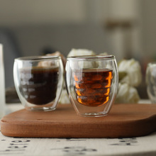 小双层玻璃杯内胆螺纹隔热小咖啡杯可logo纹理茶杯品茗杯功夫茶具