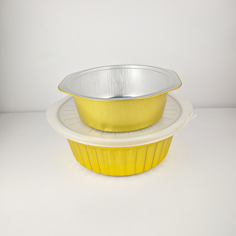 外卖金色锡纸盒大号圆形4000ml耳朵外卖打包盒pp盖子圆形锡纸盒