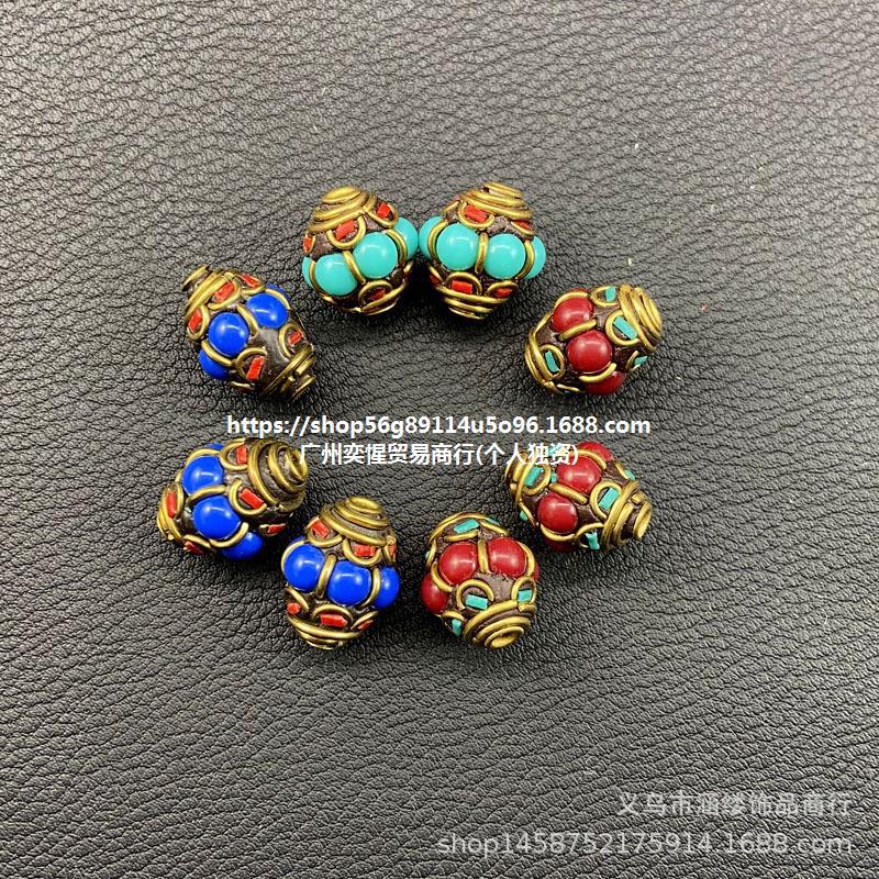 diy饰品配件尼泊尔手工灯笼铜珠镶嵌蓝绿红松石藏饰隔珠散珠-阿里巴巴