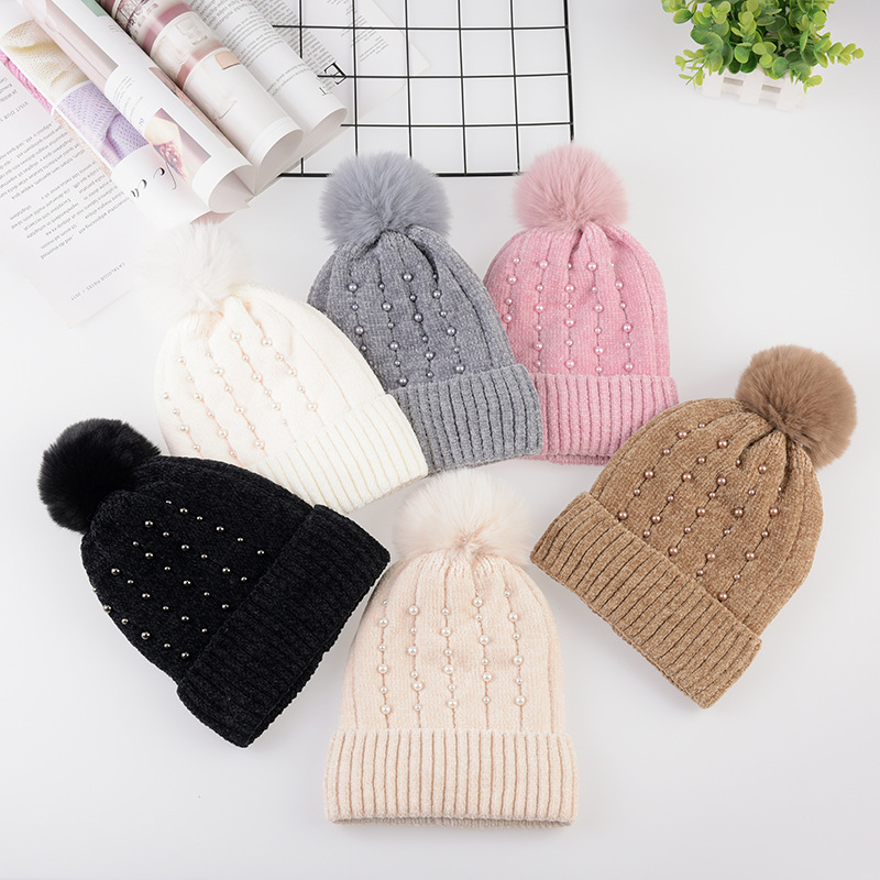 Hat Female Autumn and Winter Korean Style Versatile Student Wool Hat Fashion Pearl Sleeve Cap Thickened Warm Knitted Hat