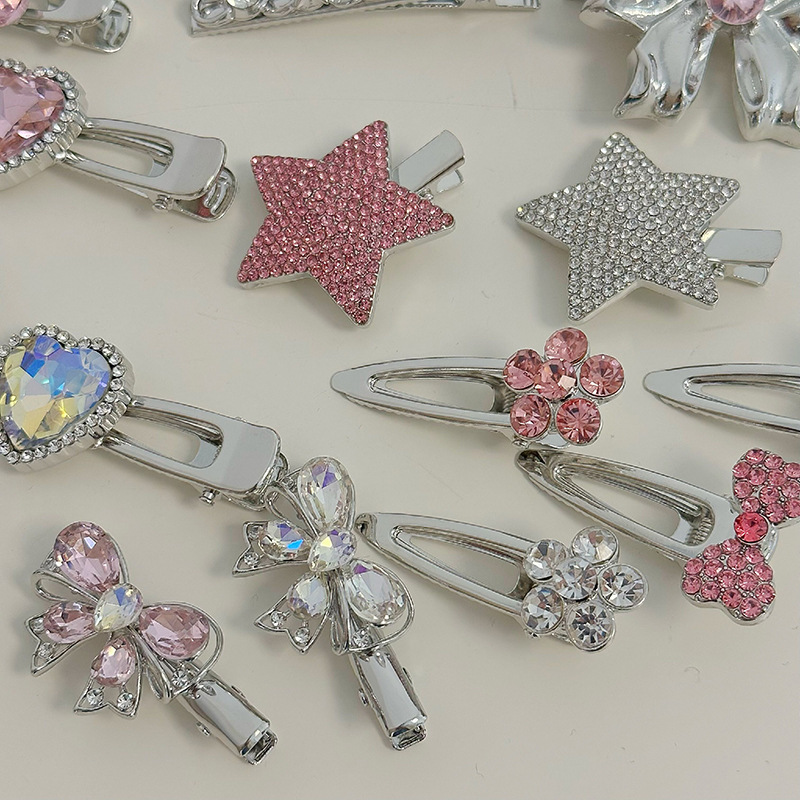 Pink Rhinestone Barrettes Set Combination Hairpin Alloy Elegant Silver Bar Clip Side Clip Bang Clip Duckbill Clip