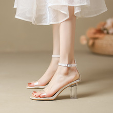透明凉鞋女2024夏季新款性感百搭一字扣带仙女风粗跟法式高跟鞋女