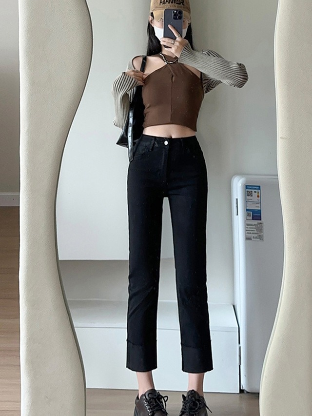 Early Autumn Retro Blue Straight Cropped Jeans Small High Waist Tight Slimming Curling Cigarette Pants M608
