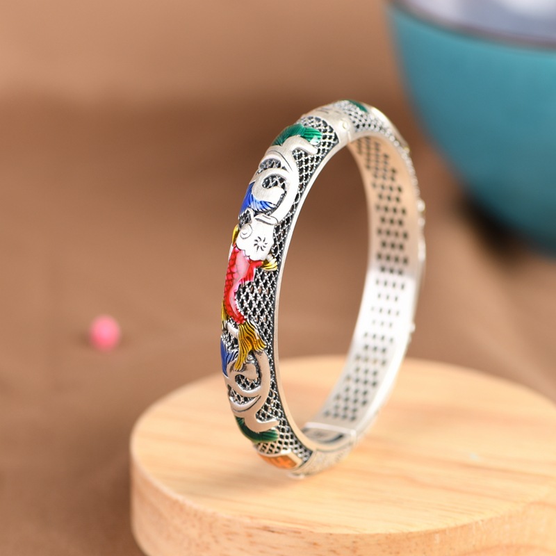 金鹿王足银手镯复古做旧民族风景泰蓝锦鲤鱼山水花纹吉祥闭口女镯