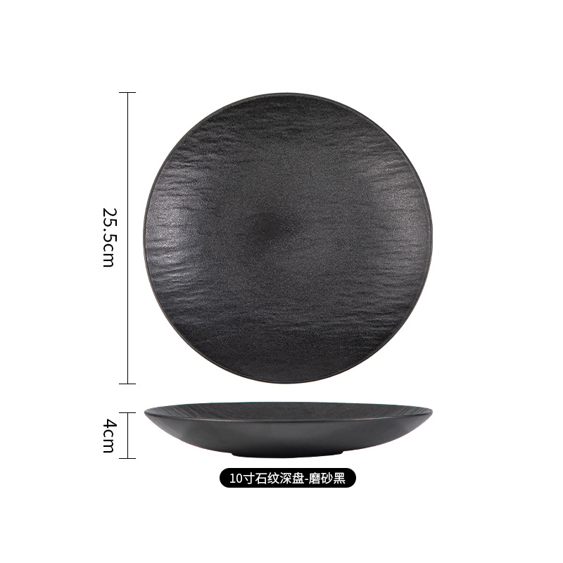 Japanese Style Stone Pattern Black and White Ceramic Tableware Household Wholesale Light Luxury Plate Dish Plate Good-looking Western Steak Plate