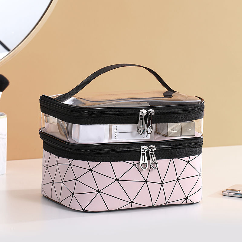 New Double-Layer Cosmetic Bag Box Plaid Portable Women's Makeup Artist Multi-Function Storage Wash Makeup in Stock Wholesale