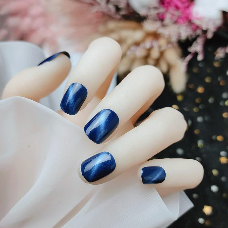 宝蓝猫眼纯色短款猫眼显白网红日常穿戴假指甲贴片美甲成品