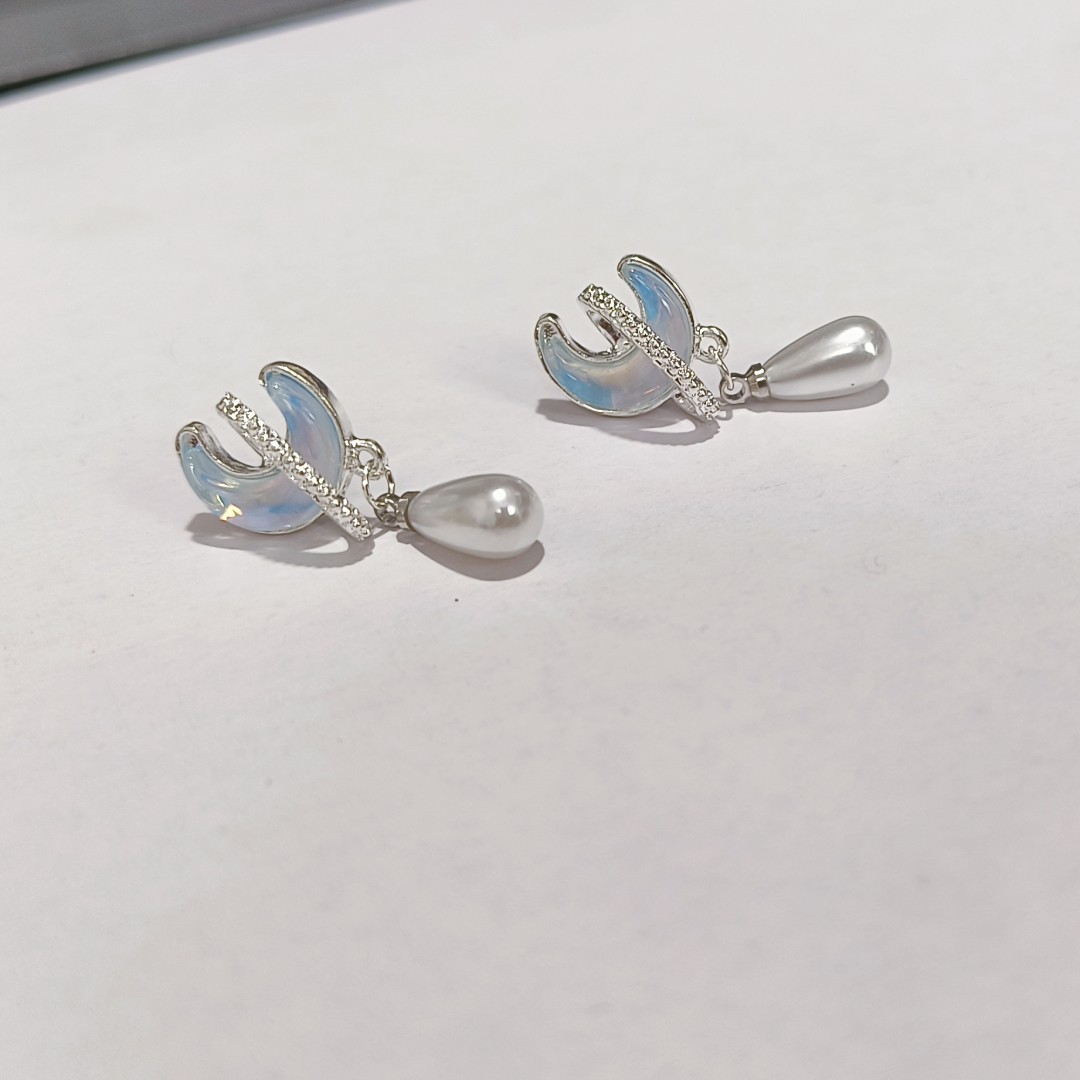 Blue Opal Moon Planet Earrings Light Luxury All-Match Advanced Niche Starry Sky Design Pearl Eardrops Earrings