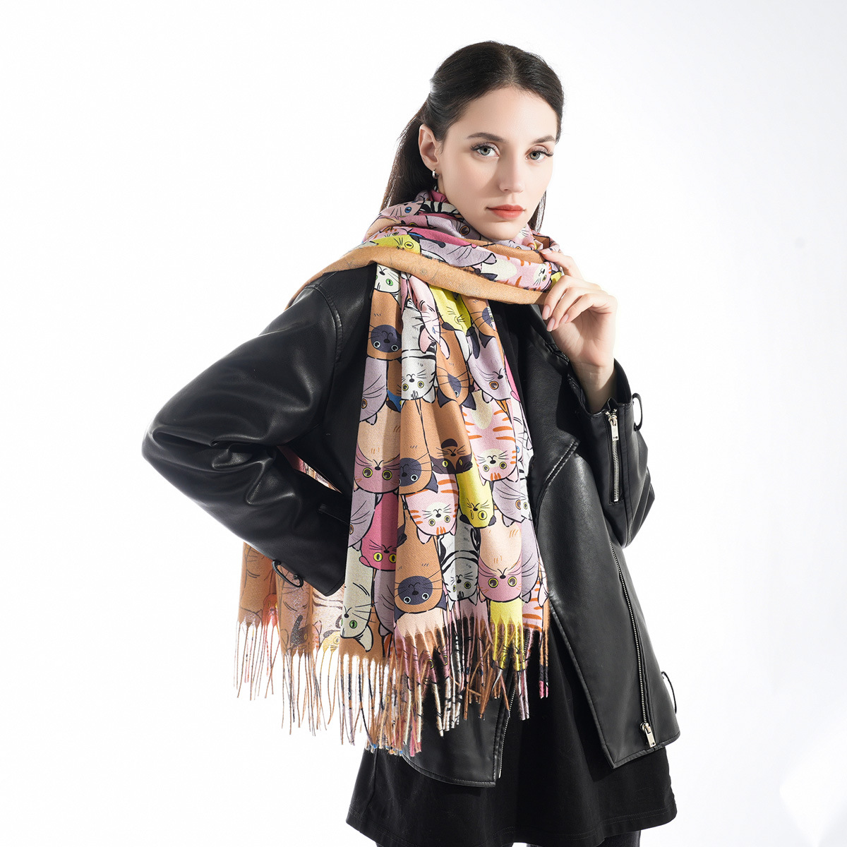 Shawl Digital Printing Cartoon Cat Oil Painting Style Double-Sided Cashmere-like Fashion Women's Warm Thickened Scarf New