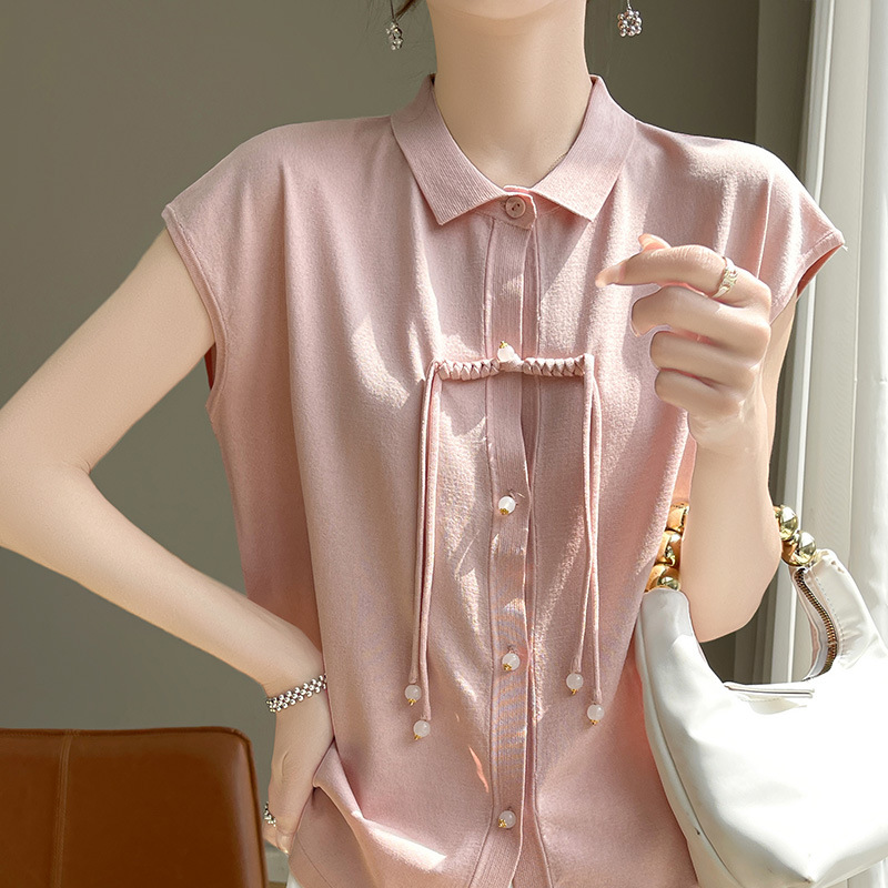 夏季冰丝提花纯色v领衬衫女士新中式Polo领短袖针织开衫