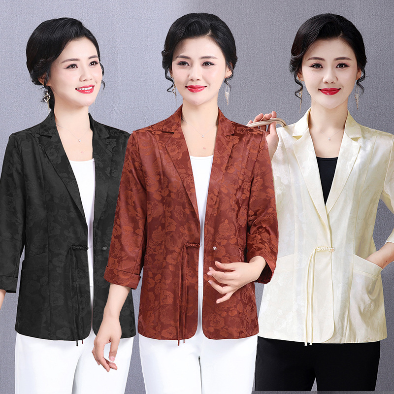 女士西装外套妈妈新中式提花上衣春夏新款中老年洋气国风小西服薄