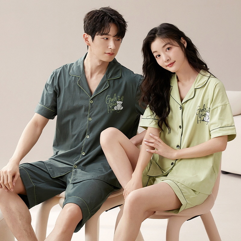 Summer Couple Pajamas Short-Sleeved Thin Men's Women's Cardigan Cotton Women's Summer Casual Suitable for Daily Wear Home Wear Suit without Printing