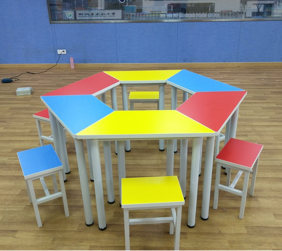 美术教室桌椅六边形彩绘书桌异型绘画桌手工梯形桌阅览室学校配件