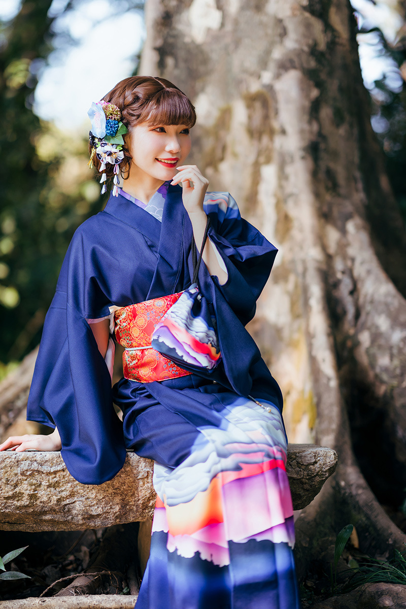 和风樱之美 2021新款少女日本浴衣温柔复古日系改良宝蓝色和服