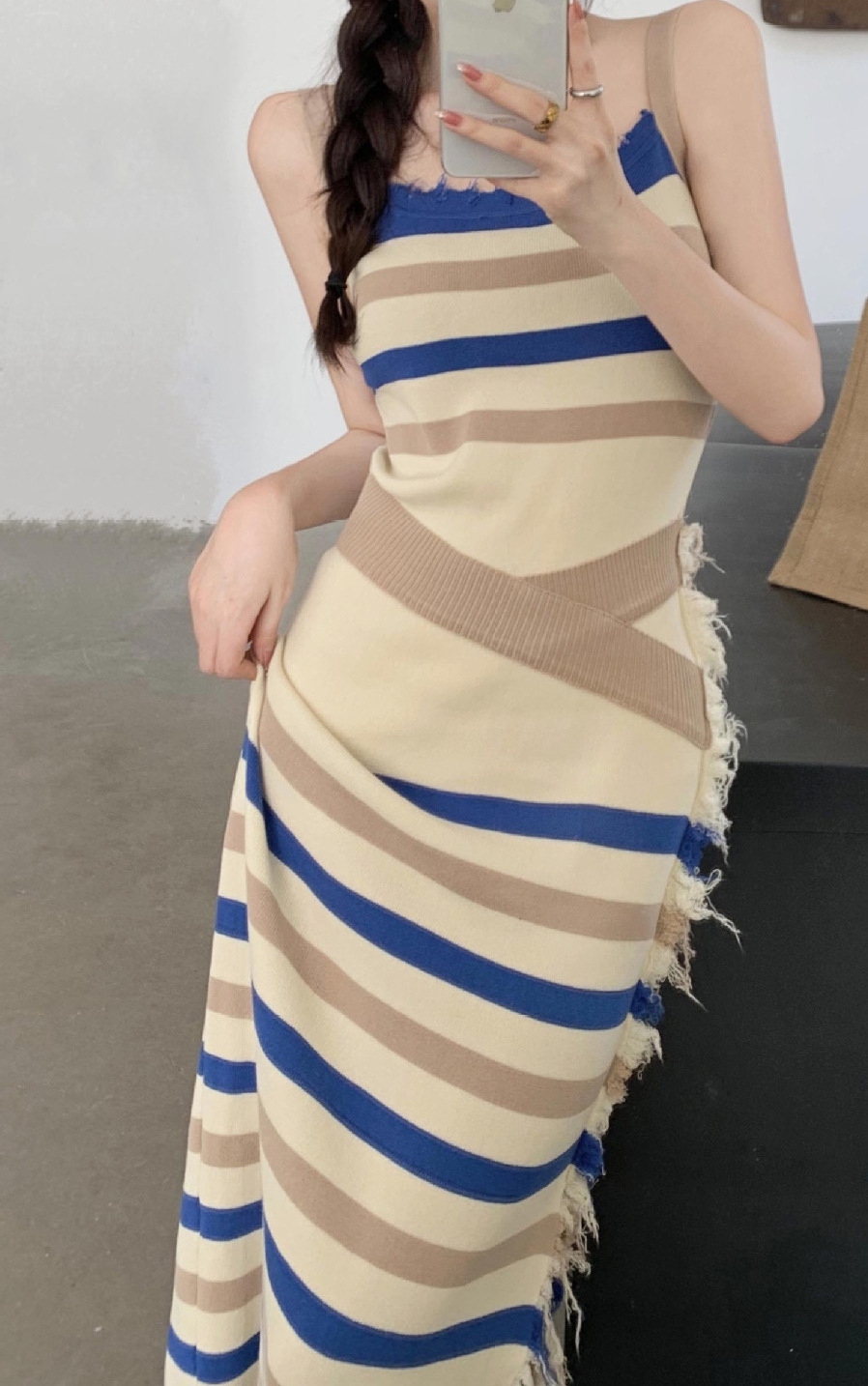 港味辣妹条纹吊带连衣裙女夏季海边度假长裙修身针织收腰包臀裙子