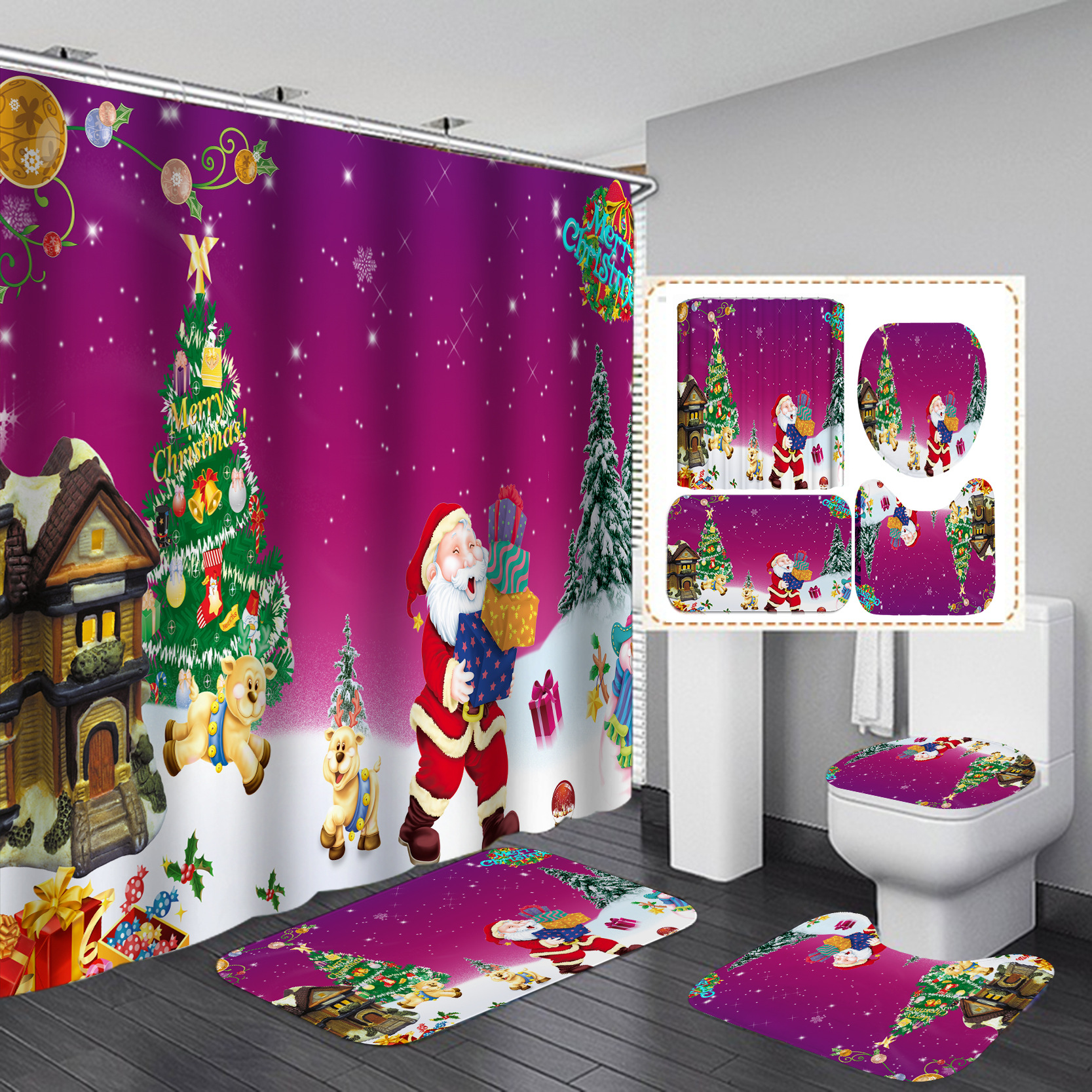 Cross-Border Direct Sales Christmas Shower Curtain Set Series Waterproof Punch-Free Partition Curtain Bath Curtain Hotel Rain Curtain