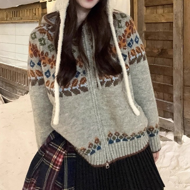 费尔岛复古提花连帽毛衣卫衣女秋冬宽松慵懒百搭保暖针织开衫外套