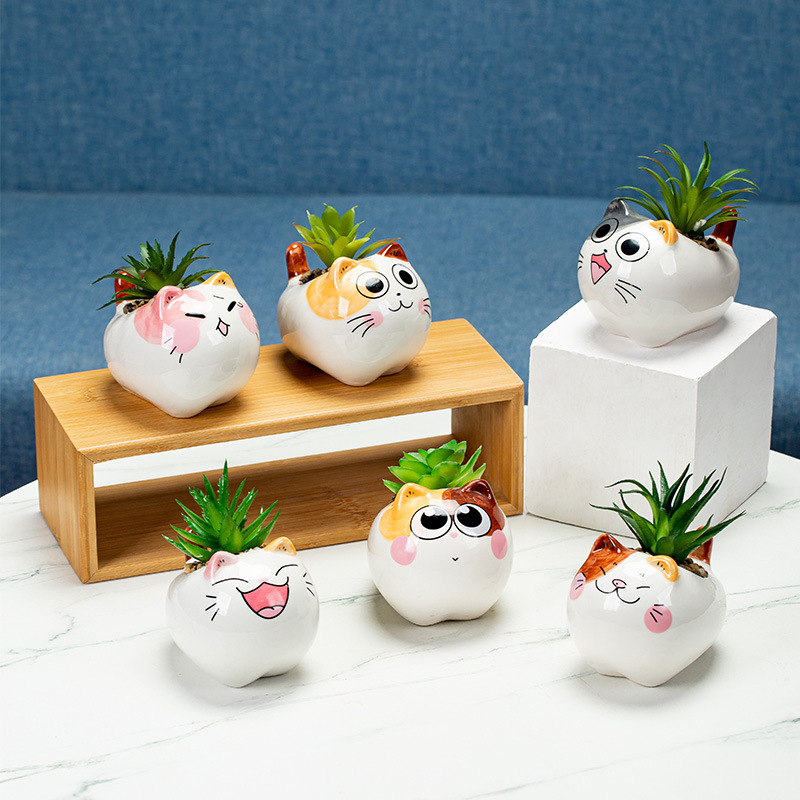 Cute Cat Succulent Flower Pot Peach Egg Simple Green Plant Decoration with Tray Household Minimalist Cartoon Desktop Ceramic Ornaments