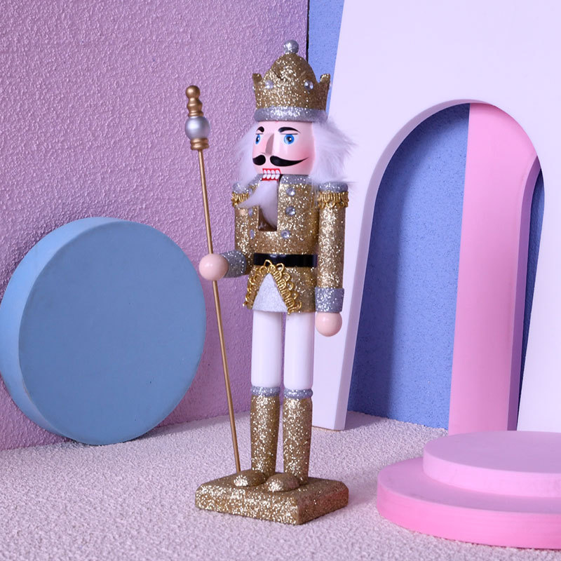 30cm European Style Glittering Powder Nutcracker King Wooden Craftwork Theaceae Cartoon Christmas Decorations Small Gift