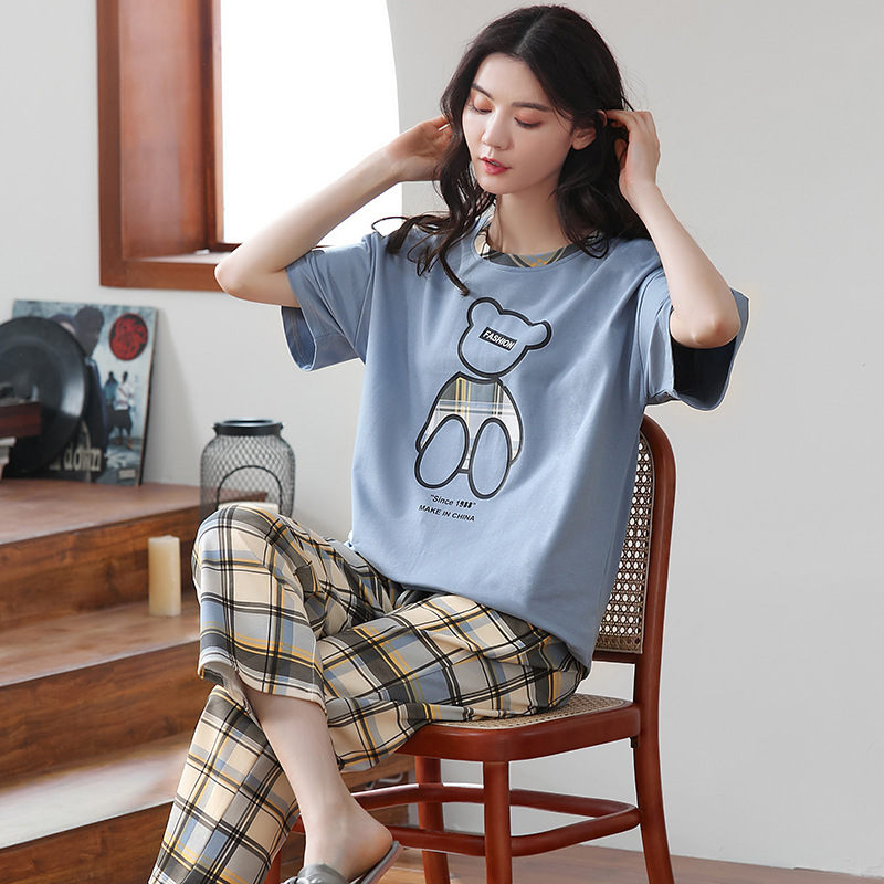 Cotton Pullover Pajamas Women's Pink Girl Plaid Trousers High-Grade Spring and Summer Student Homewear 2024 Suit